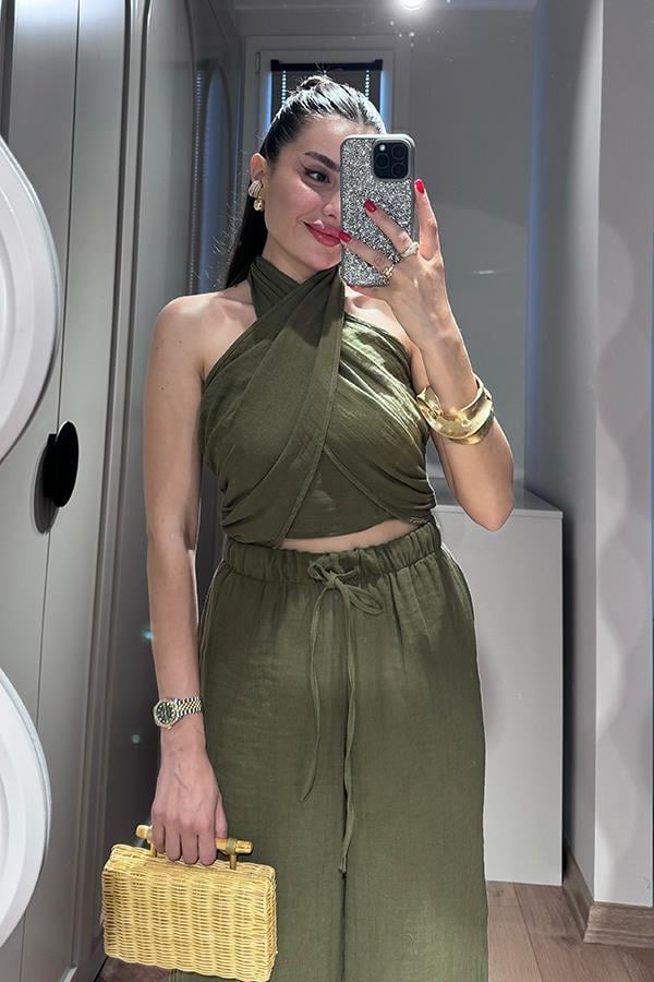 Loni Kruvaze Bağlamalı Müslin Takım - Haki