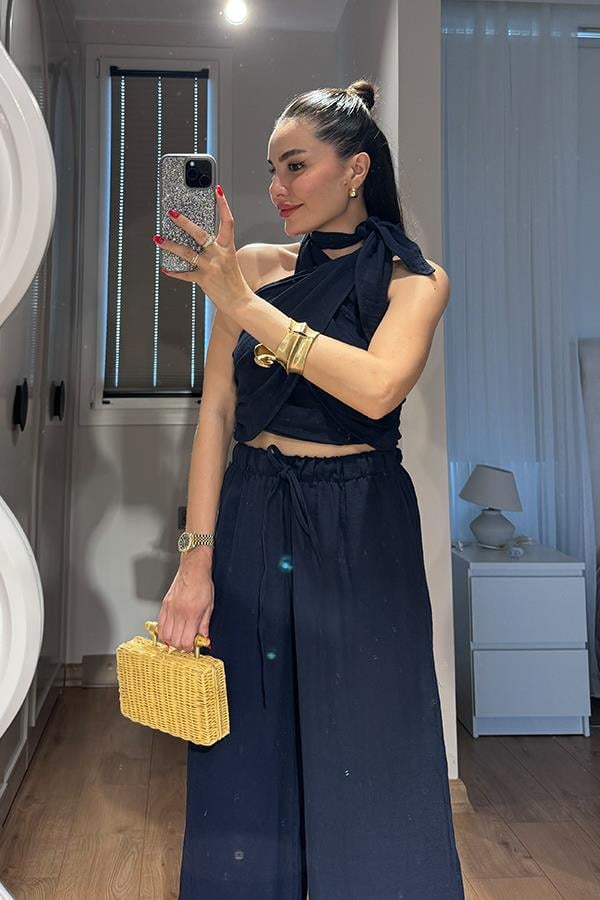 Loni Kruvaze Bağlamalı Müslin Takım - Lacivert