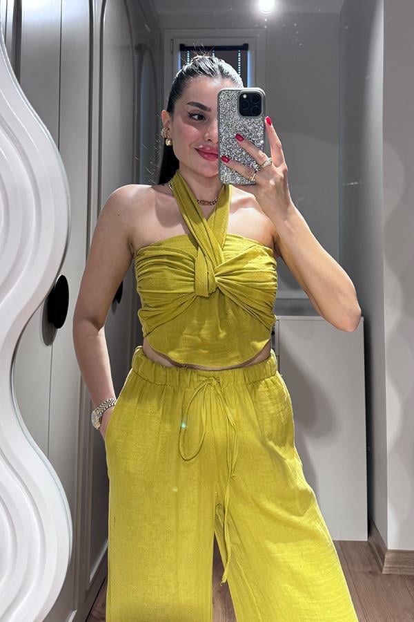 Loni Kruvaze Bağlamalı Müslin Takım - Yağ Yeşil