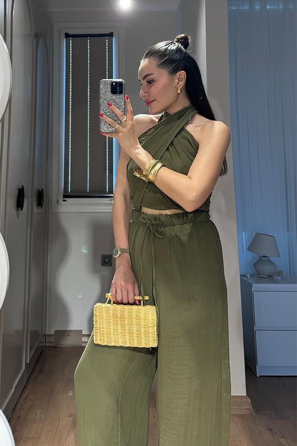 Loni Kruvaze Bağlamalı Müslin Takım - Haki