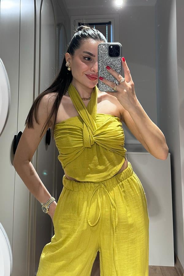 Loni Kruvaze Bağlamalı Müslin Takım - Yağ Yeşil