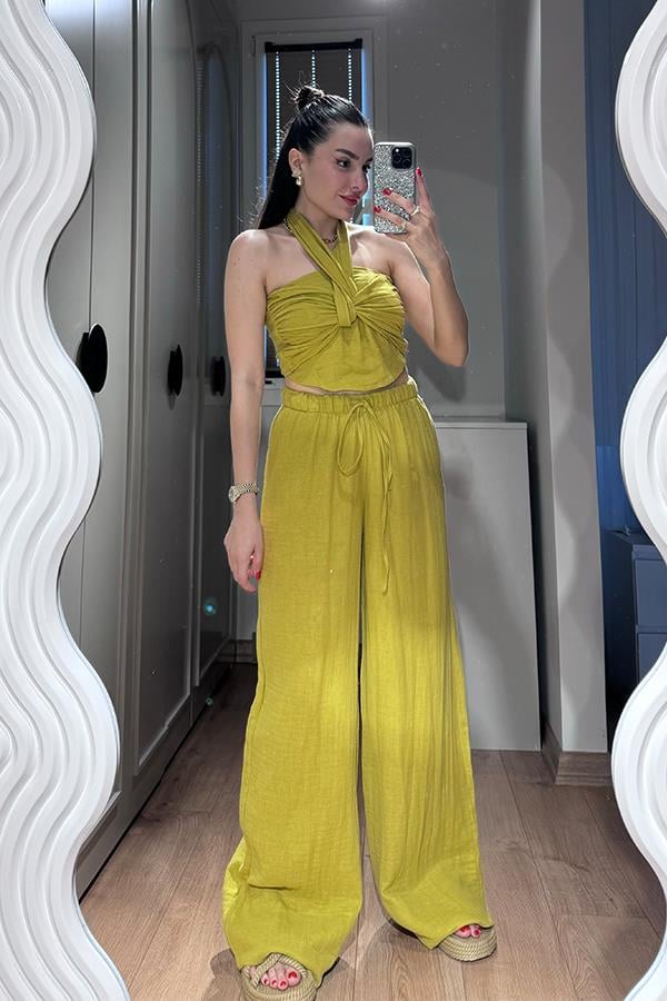 Loni Kruvaze Bağlamalı Müslin Takım - Yağ Yeşil