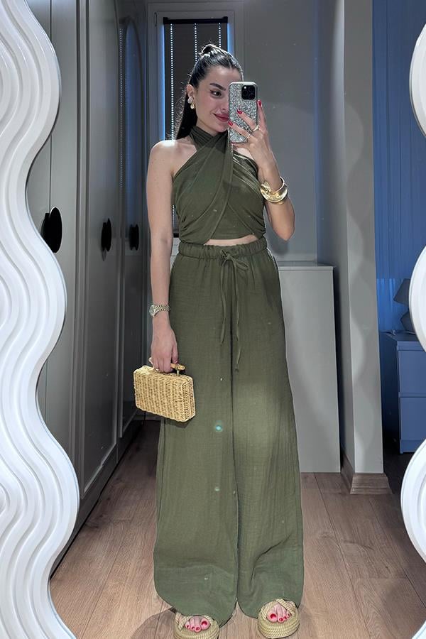 Loni Kruvaze Bağlamalı Müslin Takım - Haki