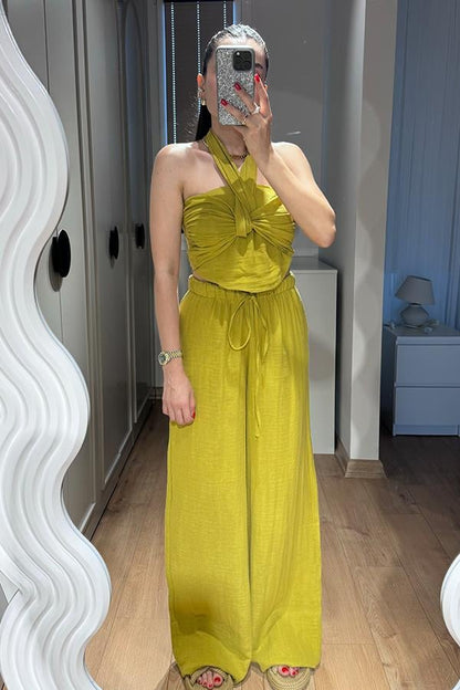 Loni Kruvaze Bağlamalı Müslin Takım - Yağ Yeşil