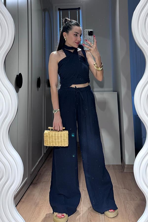 Loni Kruvaze Bağlamalı Müslin Takım - Lacivert