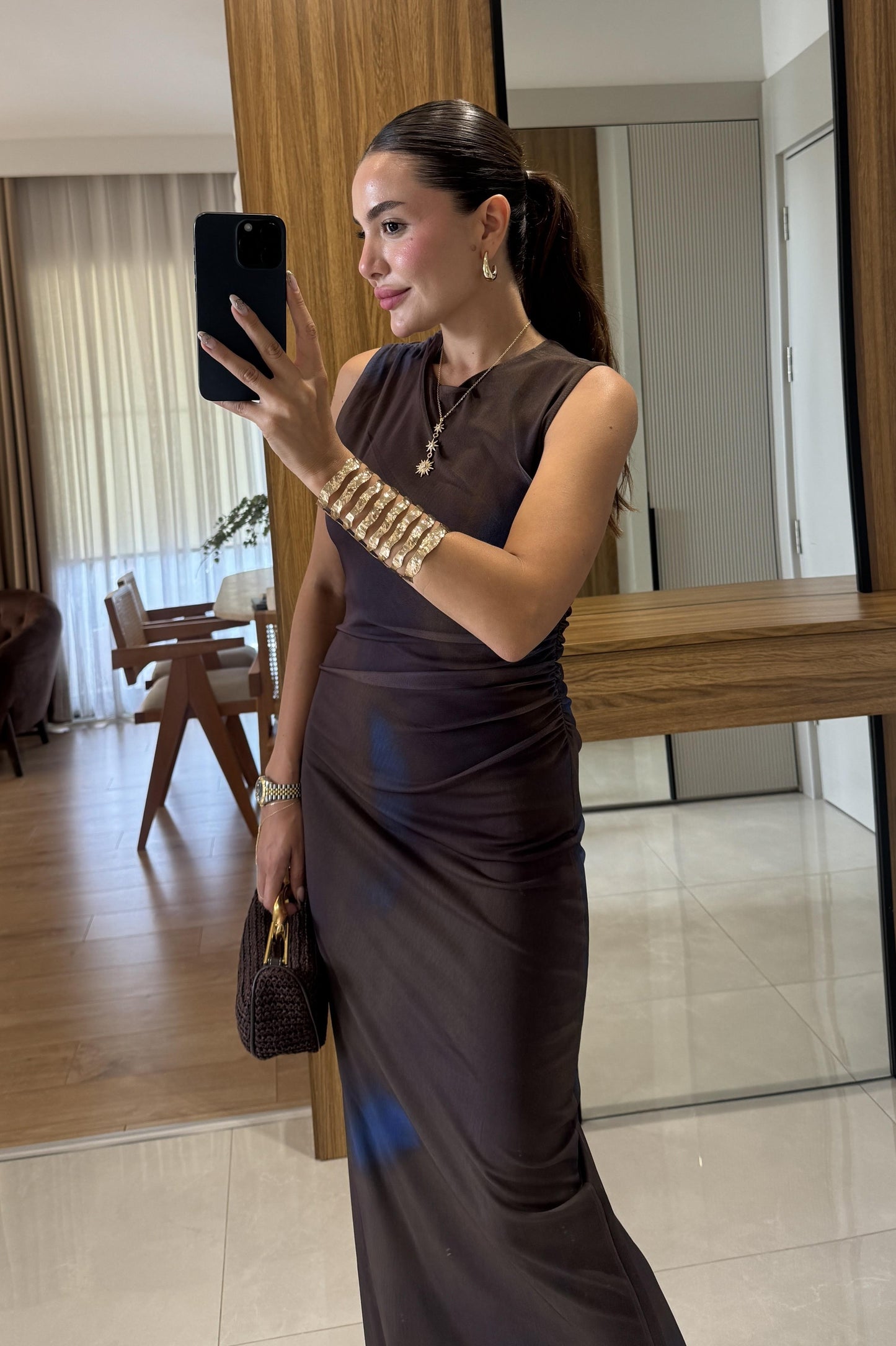 Lonya Kahverengi Tül Astarlı Elbise