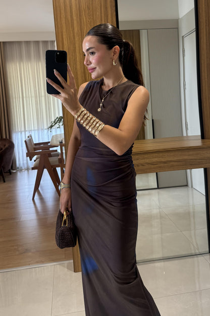 Lonya Kahverengi Tül Astarlı Elbise