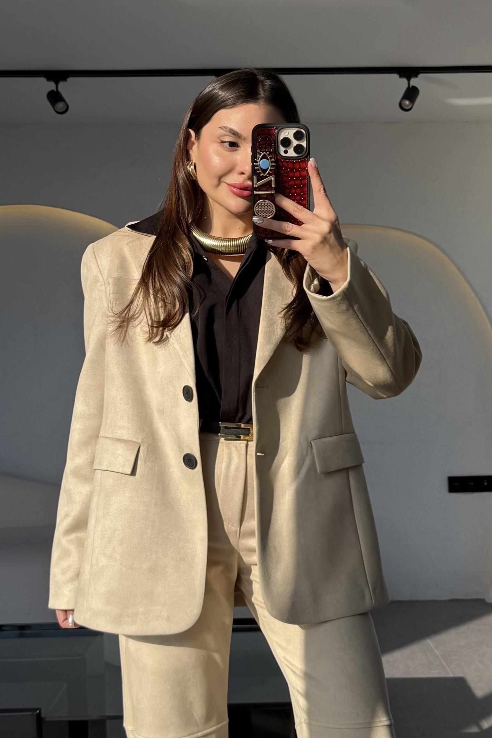 Losanda Krem Süet Blazer Ceket