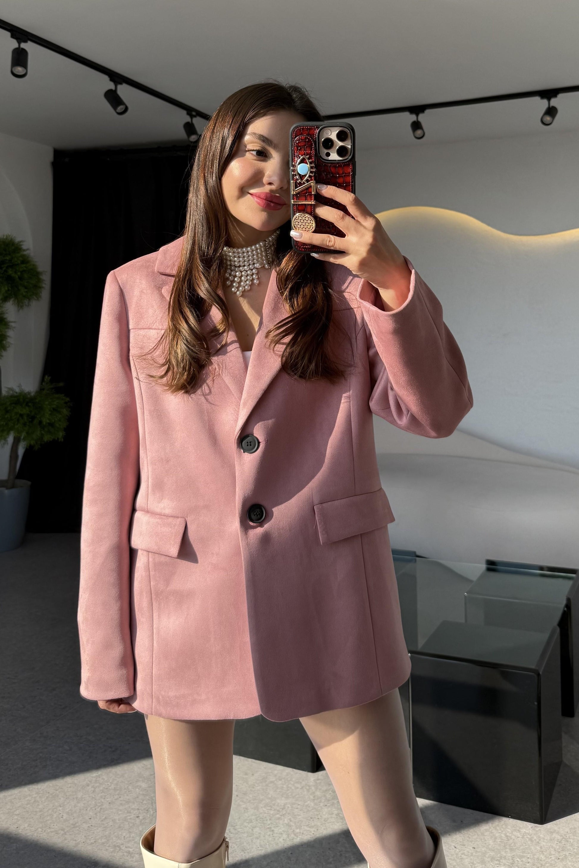 Losanda Pembe Süet Blazer Ceket