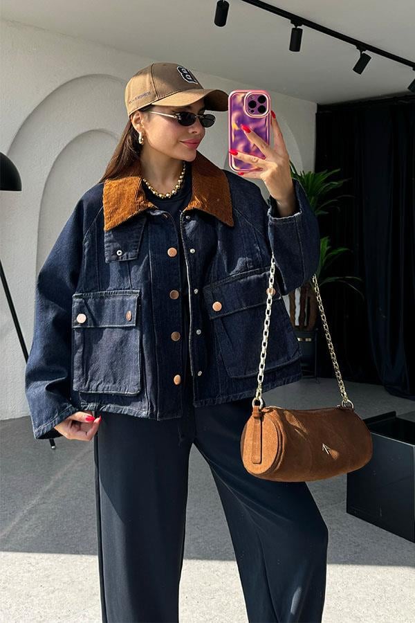 Lotte Yakası Kadife Denim Ceket
