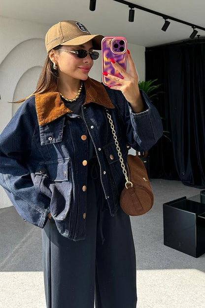 Lotte Yakası Kadife Denim Ceket