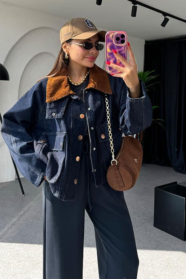 Lotte Yakası Kadife Denim Ceket