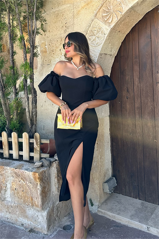 Lovely sırt dekolteli midi elbise - Siyah