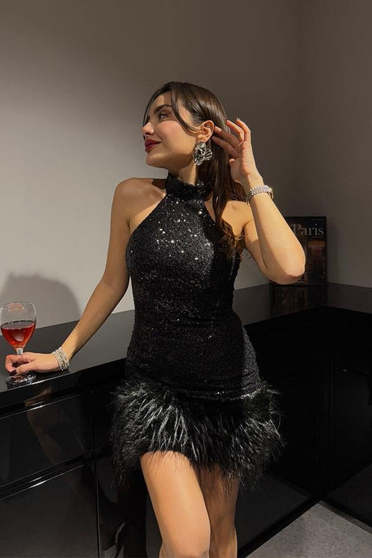 Loveme Halter Yaka Tüylü Elbise