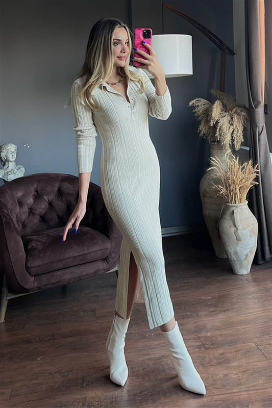 Lovers polo yaka ekru kalem elbise