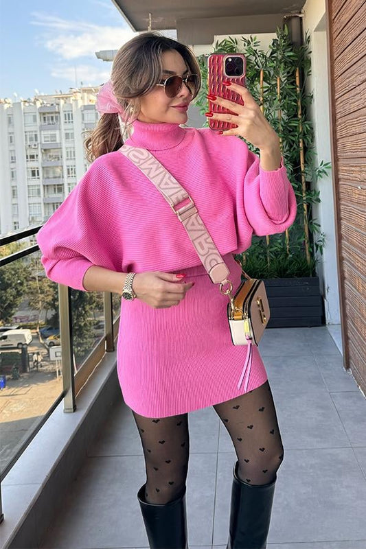 Lovin Boğazlı Etekli Triko Takım - Pembe