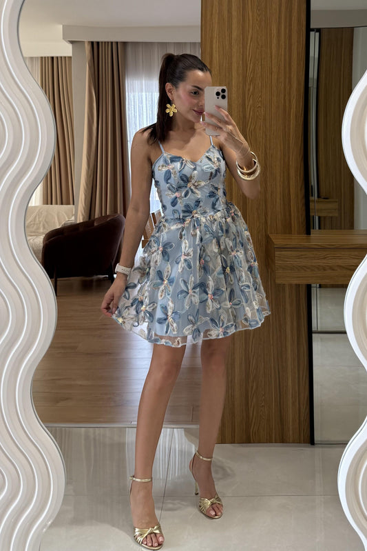 Lowa Mavi 3 boyutlu Çiçekli Mini Elbise