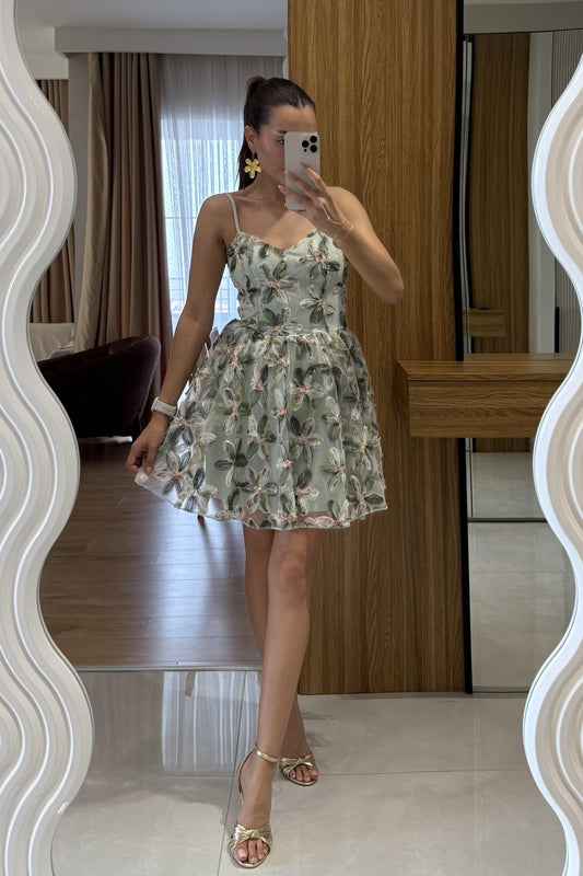 Lowa Yeşil 3 boyutlu Çiçekli Mini Elbise