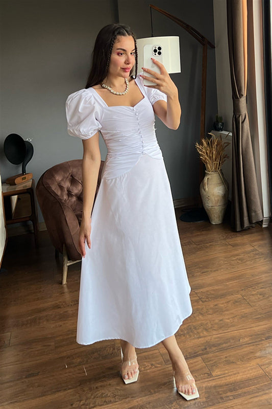 Lucia balon kol önü düğmeli beyaz elbise