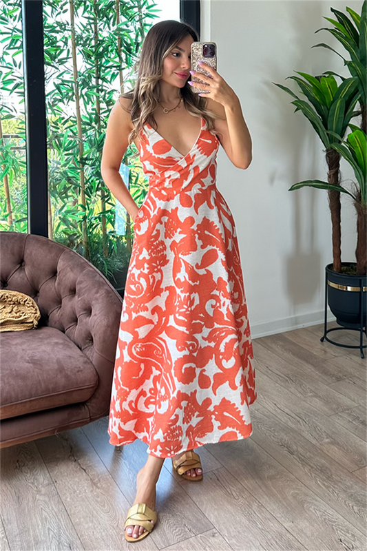 Luciana keten kruvaze elbise - Turuncu