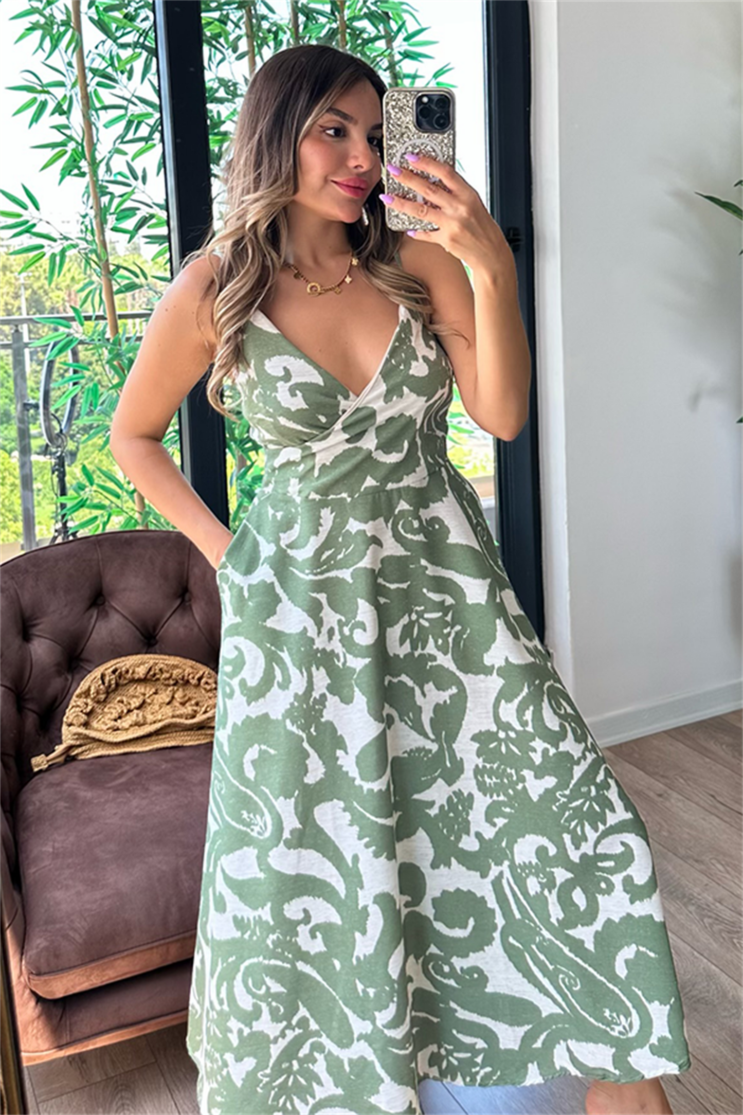 Luciana keten kruvaze elbise - Yeşil