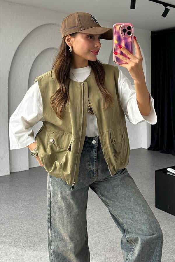 Lugo Fermuarlı Bomber Haki Yelek