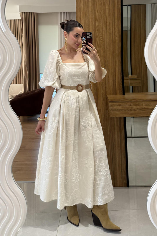 Lunera Balon Kollu Kemerli Brode Elbise