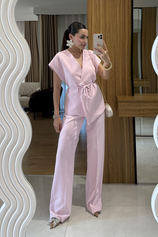Luniva Şeker Pembe Yelekli Kuşaklı Takım