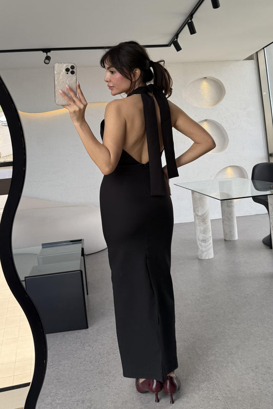 Lusinda Sırt Dekolteli Çapraz Yaka Tasarım Elbise