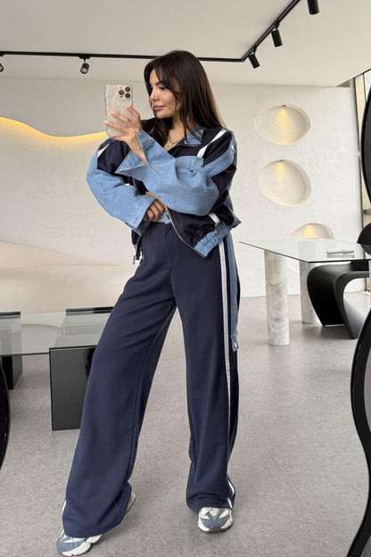 Luther Lacivert Kot Karışımlı Tasarım Takım