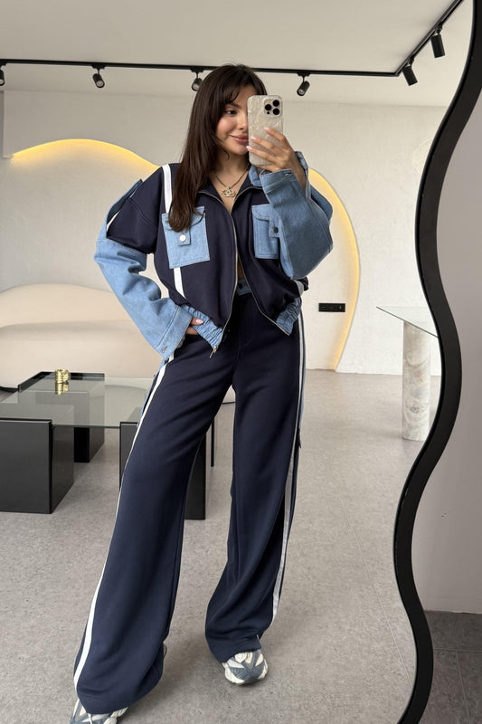 Luther Lacivert Kot Karışımlı Tasarım Takım