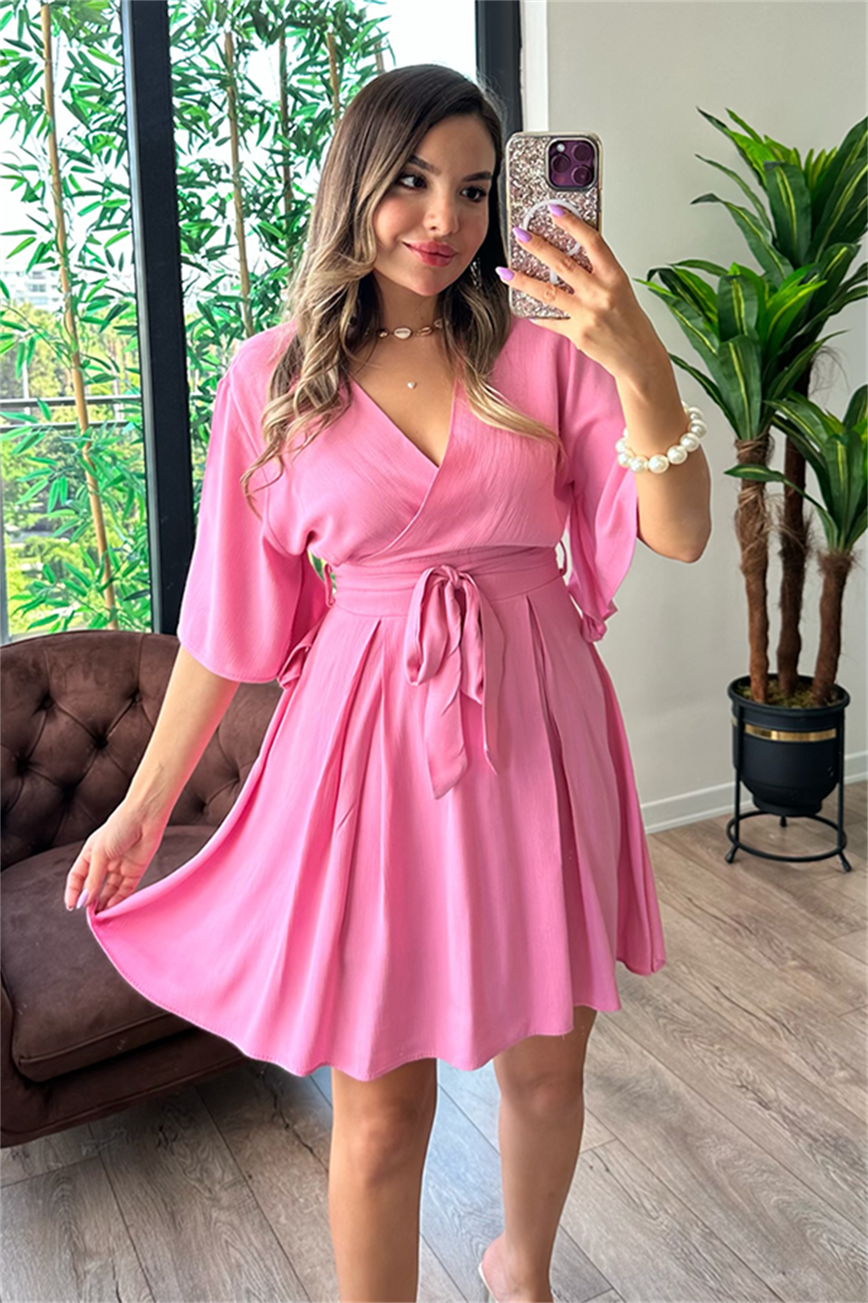 Lydia kısa kollu kruvaze yaka tulum - Pembe