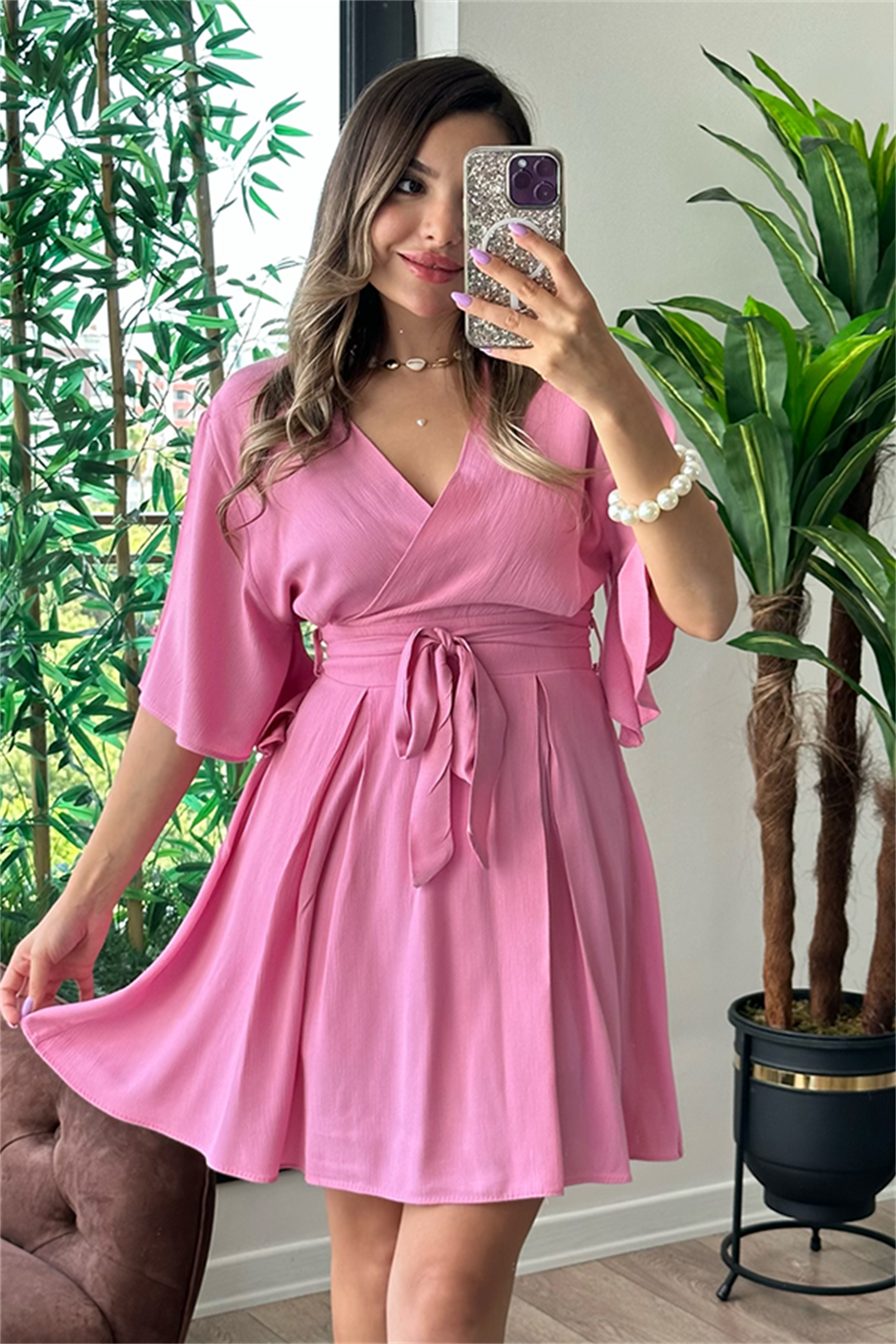 Lydia kısa kollu kruvaze yaka tulum - Pembe