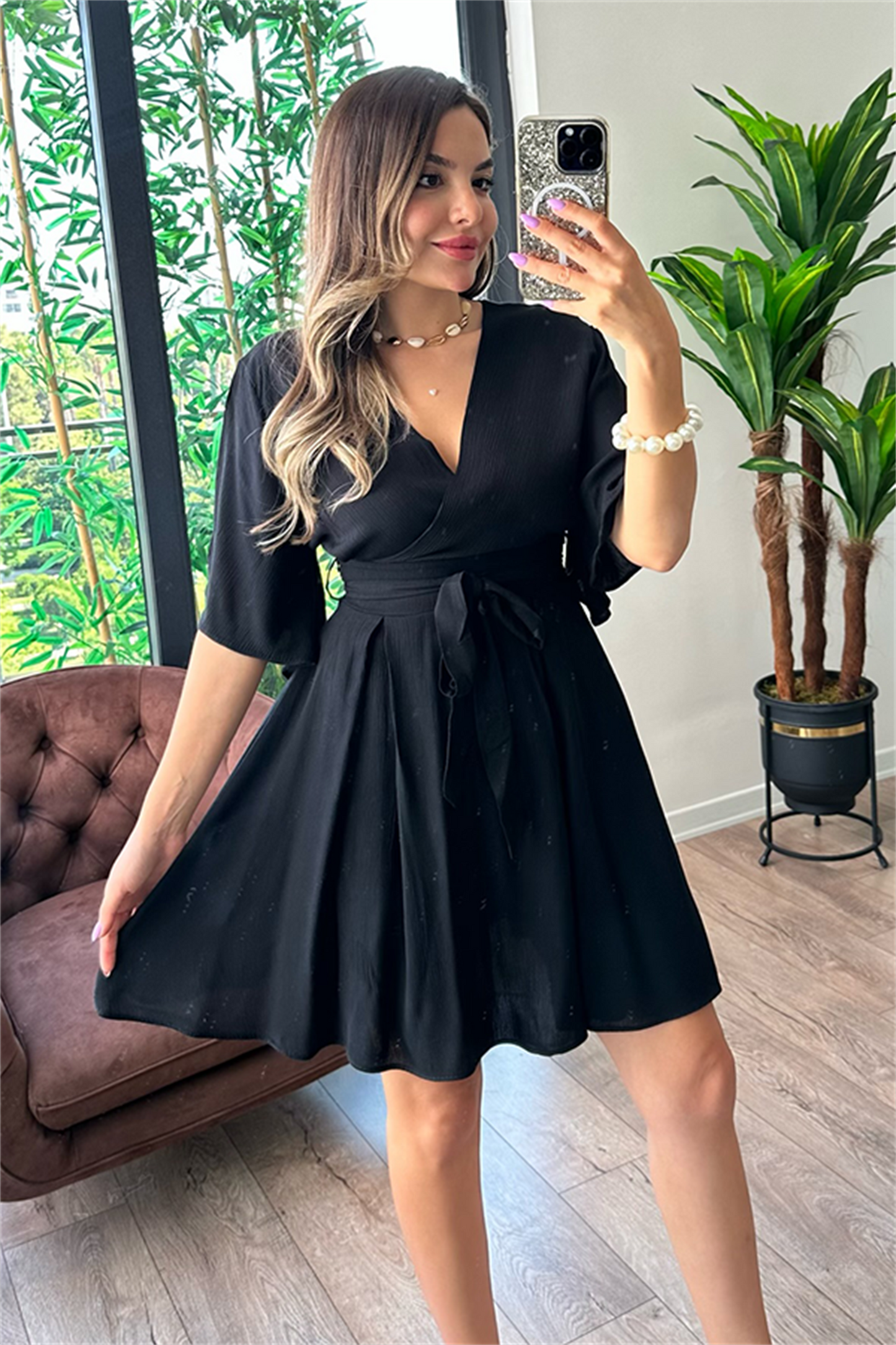 Lydia kısa kollu kruvaze yaka tulum - Siyah