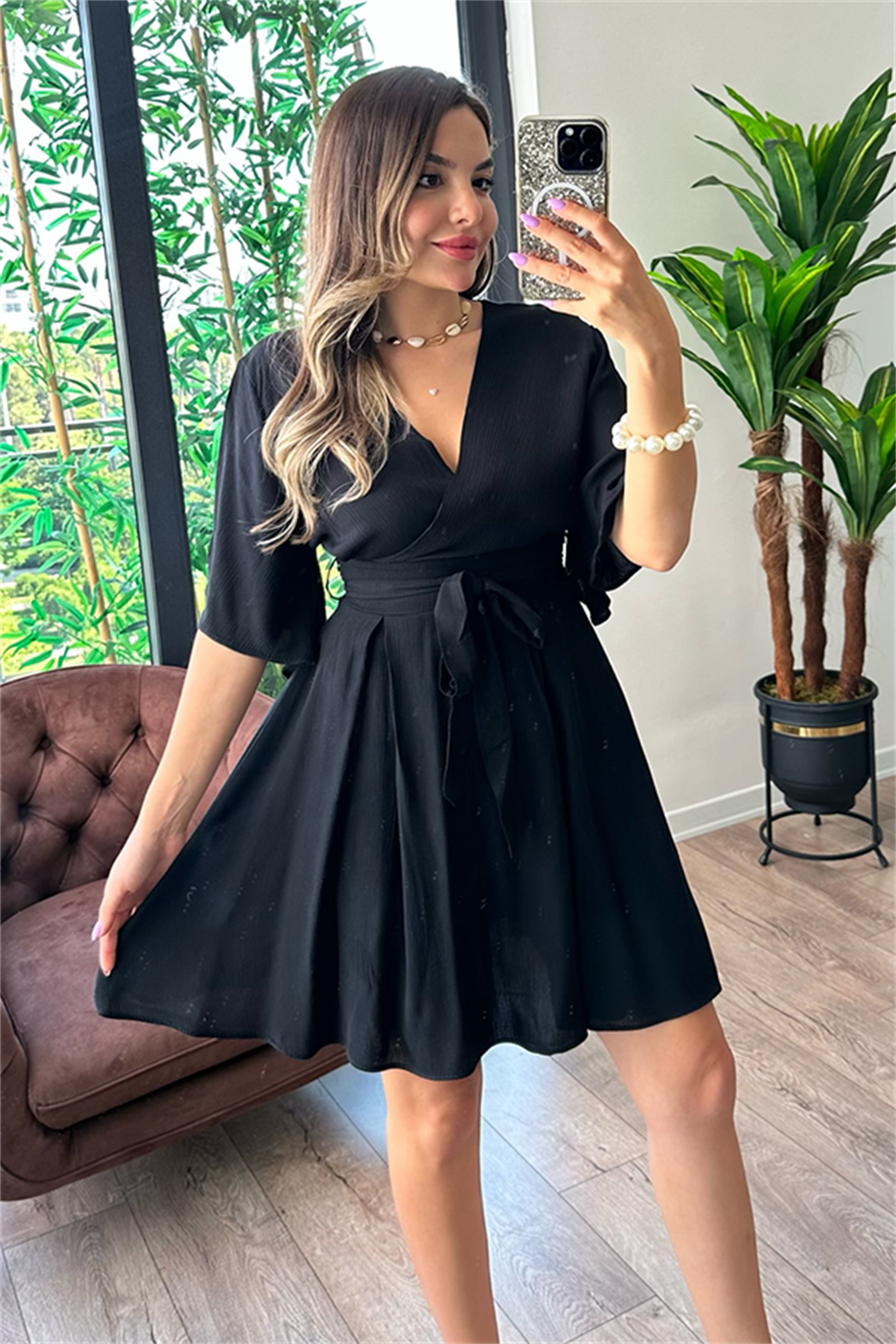 Lydia kısa kollu kruvaze yaka tulum - Siyah