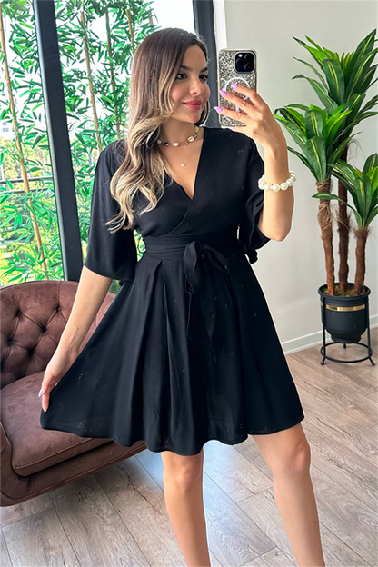 Lydia kısa kollu kruvaze yaka tulum - Siyah