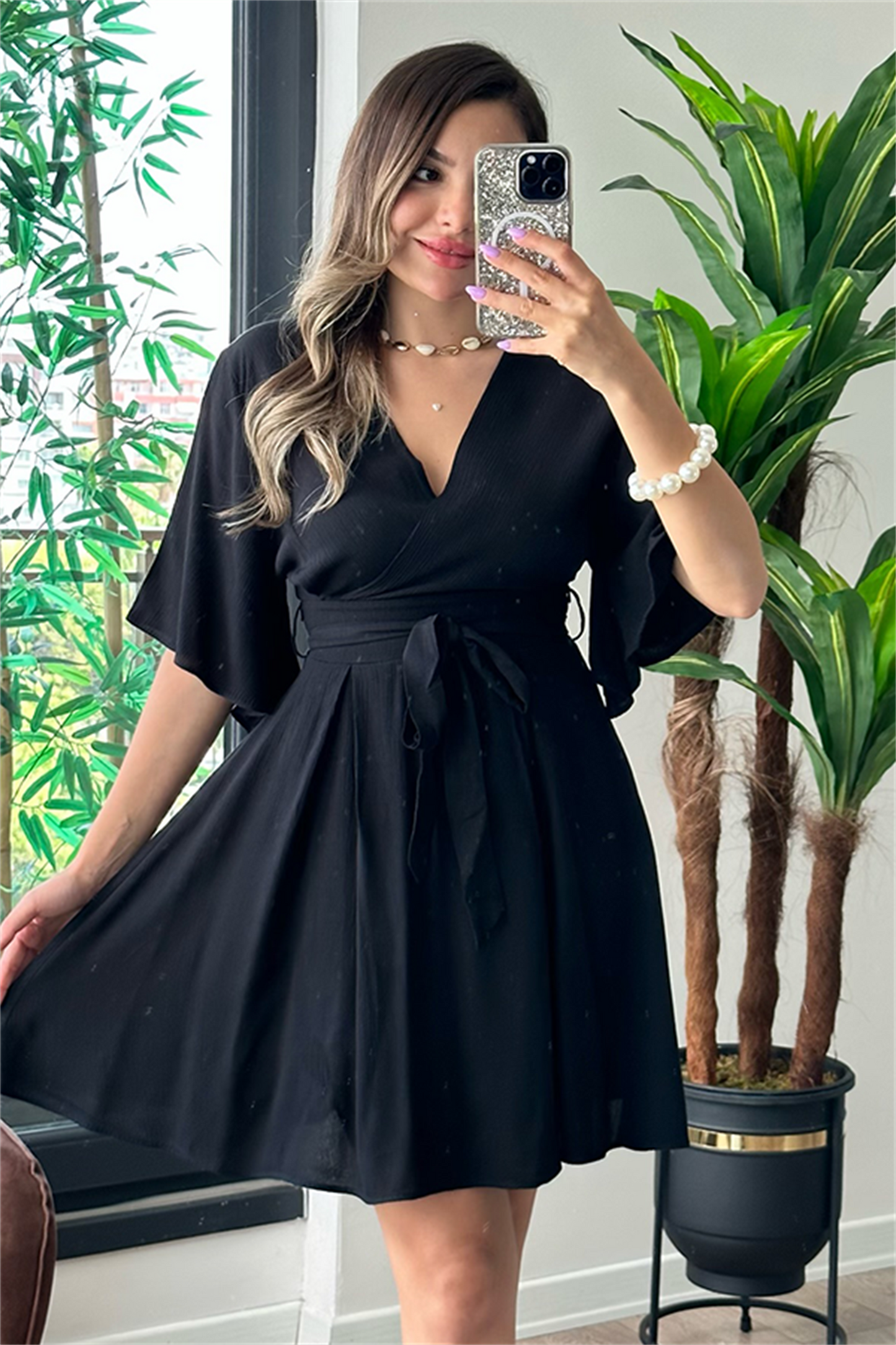 Lydia kısa kollu kruvaze yaka tulum - Siyah