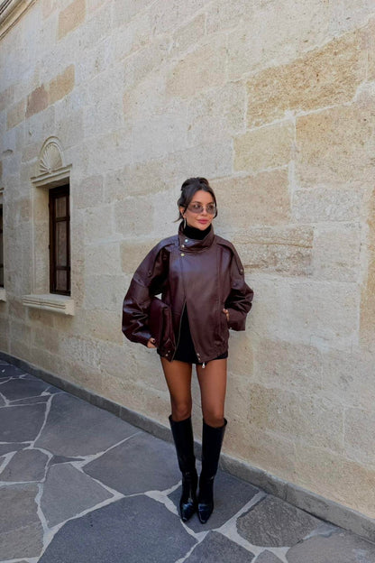 Macoron Bordo Pütürlü Deri Ceket