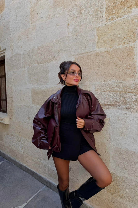 Macoron Bordo Pütürlü Deri Ceket