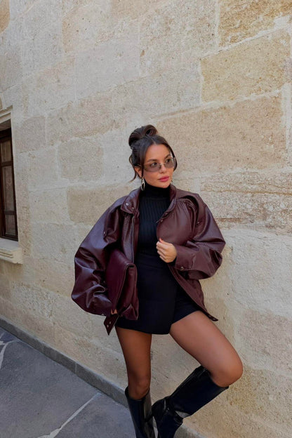 Macoron Bordo Pütürlü Deri Ceket