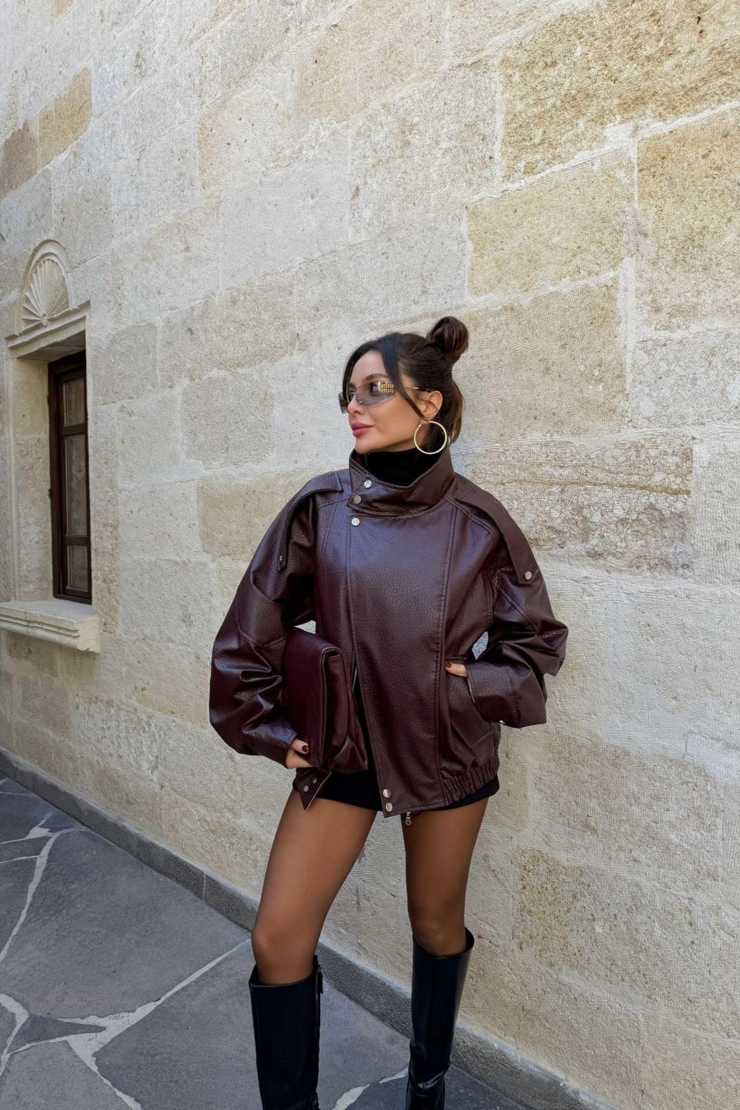 Macoron Bordo Pütürlü Deri Ceket