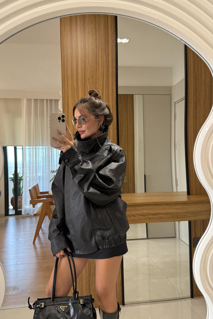 Macoron Siyah Pütürlü Deri Ceket