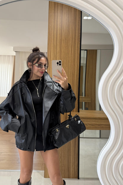 Macoron Siyah Pütürlü Deri Ceket