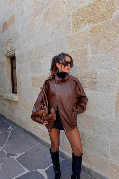 Macoron Taba Pütürlü Deri Ceket