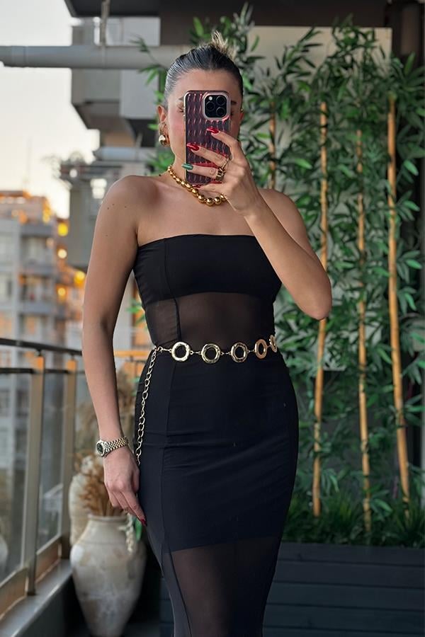 Madali Straplez Transparan Detaylı Elbise