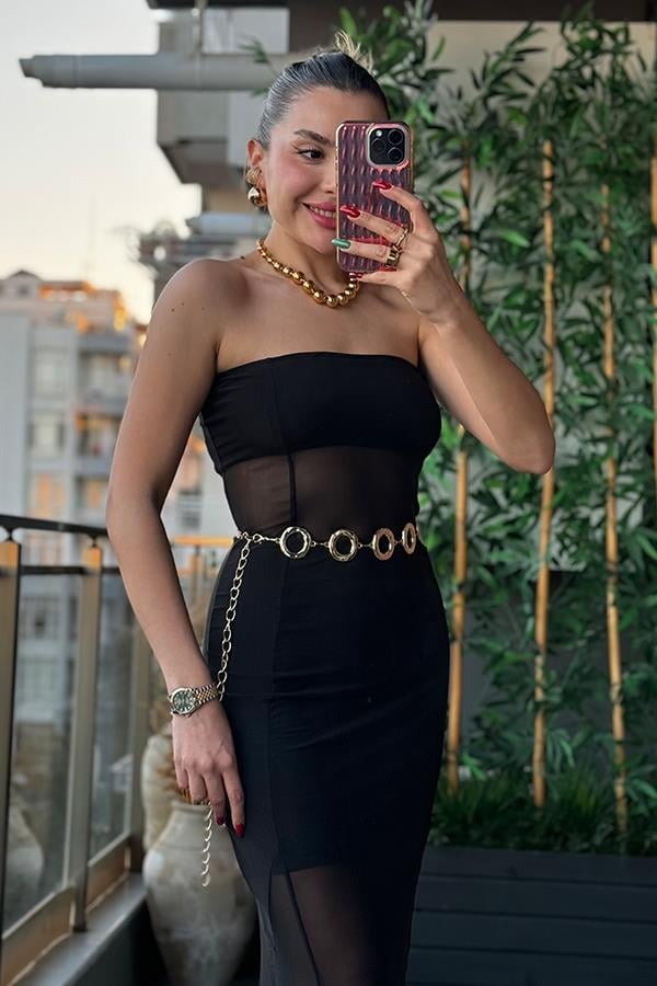 Madali Straplez Transparan Detaylı Elbise