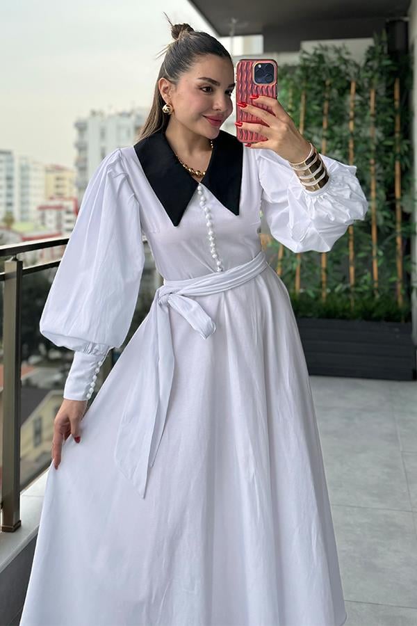 Madam Bebe Yaka Tasarım Gömlek Elbise - Beyaz
