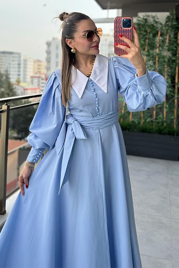 Madam Bebe Yaka Tasarım Gömlek Elbise - Bebe Mavi