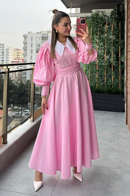 Madam Bebe Yaka Tasarım Gömlek Elbise - Pembe