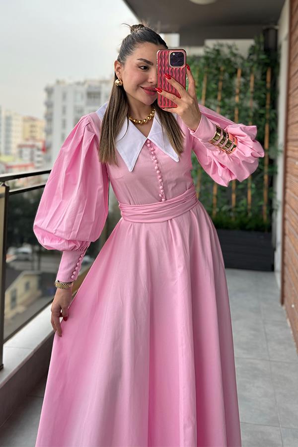 Madam Bebe Yaka Tasarım Gömlek Elbise - Pembe